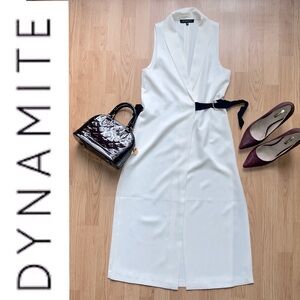 Dynamite white tuxedo wrap tunic/vest with black ribbon waist tie